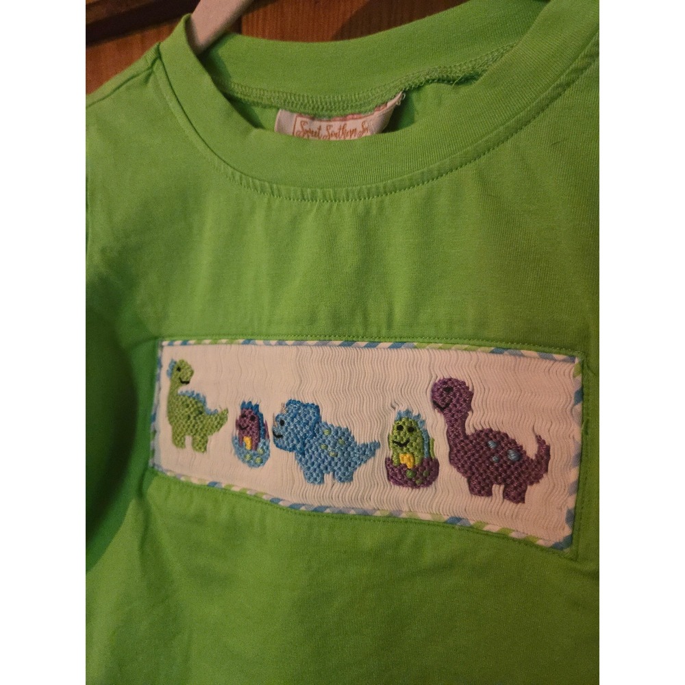 SWEET SOUTHERN SMOCKS Kids Green Dinosaur Smocked Short Sleeve T-Shirt Size 2 - Picture 2 of 6